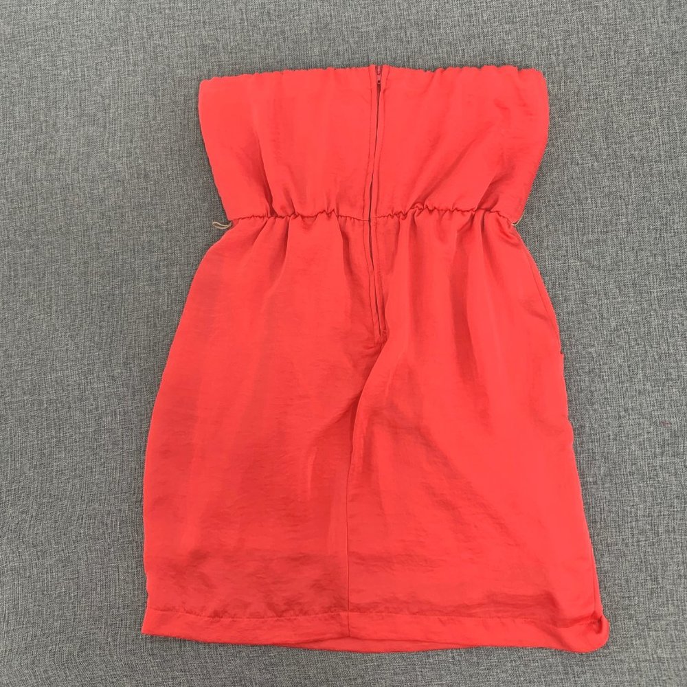 Ruby Rox Bright Coral Strapless Mini Dress Size 5 Pockets Pleated 100% polyester - Picture 11 of 13